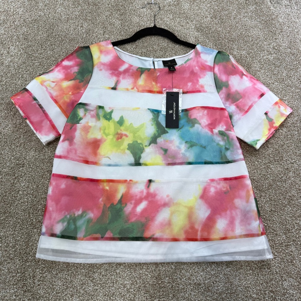 Worthington Womens Floral Sheer Mesh Panel Short Sleeve Blouse Multi Print S NEW